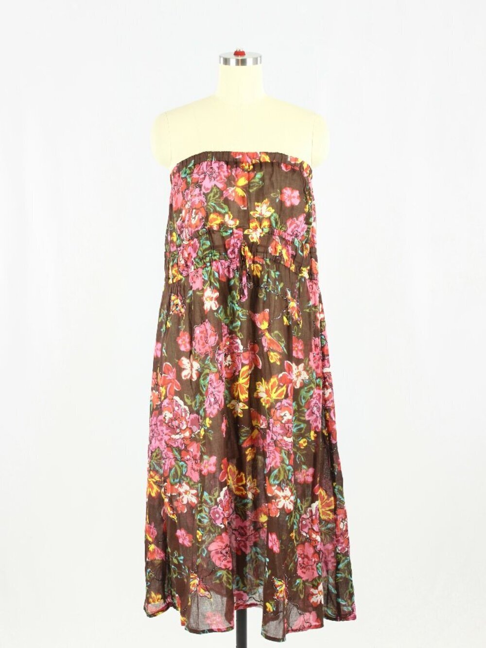 Vintage 90's FLOWER Brown Pink Beaded Sequin Floral Cotton Gauze Dress, One Size